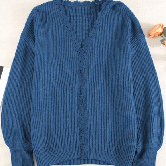 NWOT Lace Front V Neck Knitted Pullover Sweater(224515) - Picture 3 of 6